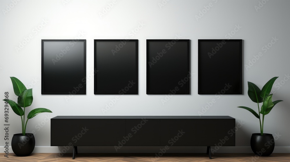 Poster empty black photo frames hanging on a blank white wall in a line. generative ai.