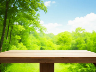 Empty wooden table with natural blur background
