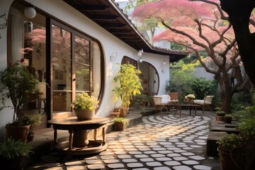 Beautiful garden Courtyard. Generative AI.