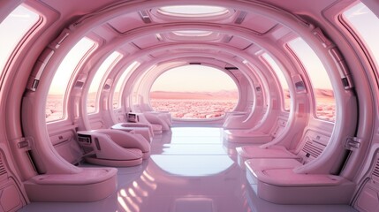 Spaceship pink large platform interior, with view on space. Generative AI.