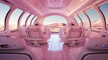 Spaceship pink large platform interior, with view on space. Generative AI.