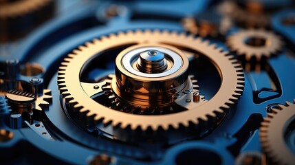Blue gears, Clockwork, Mechanics, Cogwheels. Generative AI.