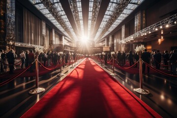 Red carpets, lights left and right of the carpet, And photographers with cameras taking pictures of famous men and women. Generative AI.