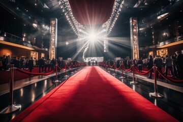 Red carpets, lights left and right of the carpet, And photographers with cameras taking pictures of famous men and women. Generative AI.