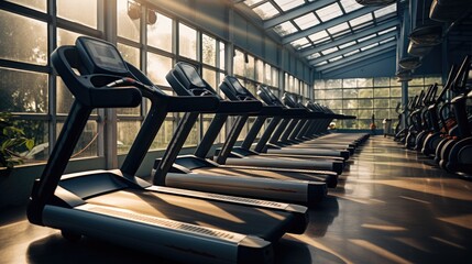 Gym treadmills at a high standard gym. Generative AI.