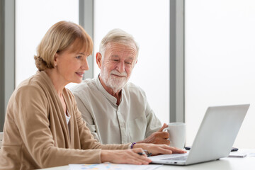 Fototapeta premium Senior couple checking their bills, retired elderly family reading documents