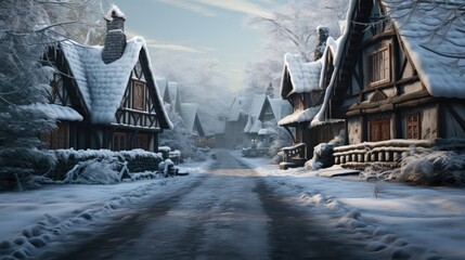 Fototapeta premium A cottage in cold weather, Snowfall and snow-covered road. Generative AI.