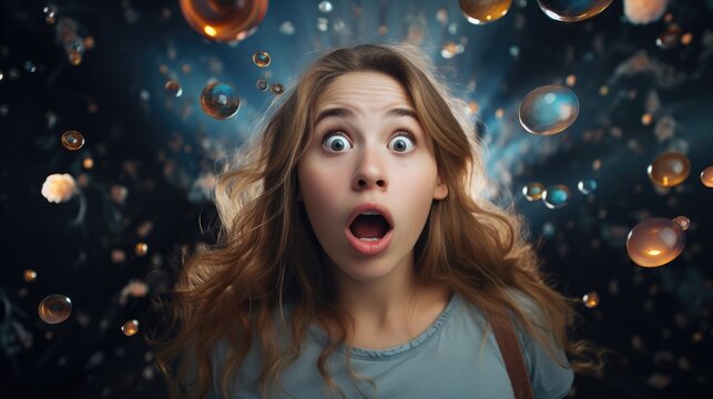 Depicting feelings of excitement, shock, surprise. Young girl standing on a dark background. Female facial expressions and emotion body language concept.