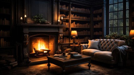 Dark room with fireplace and books. Generative AI. - obrazy, fototapety, plakaty