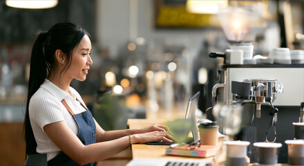 Asian tan woman barista cafe owner using laptop computer checking client order at counter bar.