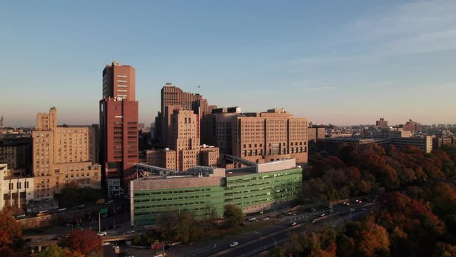 New York Presbyterian, Milstein Hospital Building and Irving Medical Center, NYC. Aerial shot