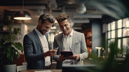 Two young men looking at digital tablet in office, Smiling. Generative AI.