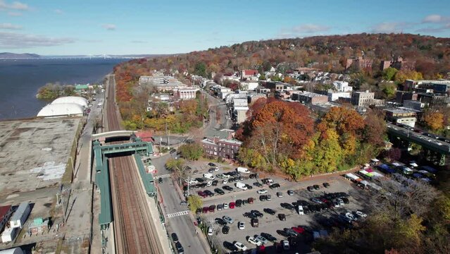Hastings on Hudson in the fall, Saturday farmer's market aerial shot