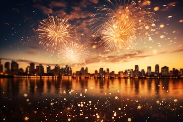 Golden colored background with colorful fireworks in the background, Fireworks over the city. Generative AI. - obrazy, fototapety, plakaty