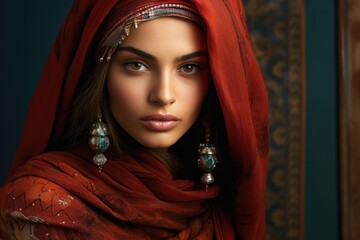 Beautiful woman in traditional oriental dress with jewelry. Generative AI.