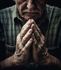 An old man praying with his hands folded. Generative AI.