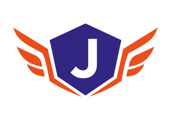 Wing Logo On Letter J, Transport Wing Sign. Transportation Symbol
