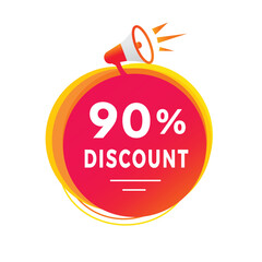 90 percent discount label design with megaphone. Banner discount promotion announcement for advertising, business. Modern vector template.