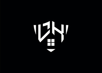 Real estate letter LK shield shape logo and house building vector template