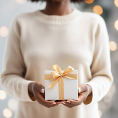 Black Woman Offering Gift Box with Ribbon. Christmas time