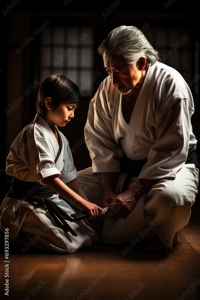 Wall mural an older man and a young boy in karate gear. generative ai.