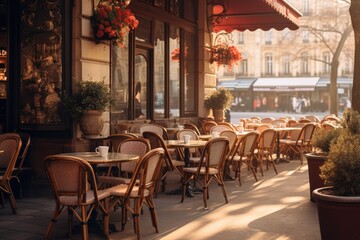A cafe with tables and chairs on the sidewalk. Generative AI.