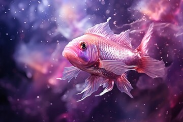 Pisces zodiac sign, fish astrological design, astrology horoscope symbol of February March month background with cosmic animal in a purple mystic constellation - obrazy, fototapety, plakaty
