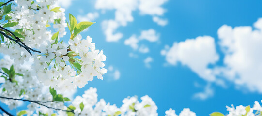 White cherry blossom against blue sky, closeup. Spring background