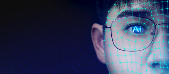 Human face scanning using AI is the high technology of future. concept of security system by technological biometric and facial recognition system that recognizes facial structure and scans eyes.