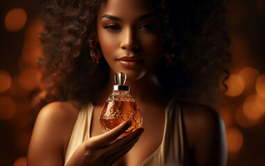 Beautiful black woman sniffing a bottle of perfume