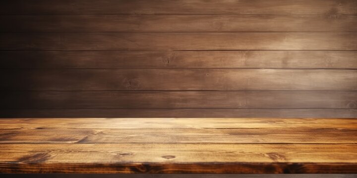 Low front angle view of wooden table or tabletop against wall background.
