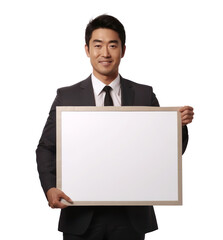 ホワイトボードを持つ人　A 25-year-old Japanese man. A businessman is holding a white...