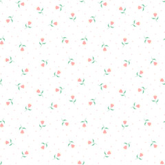 Cute pink flower seamless pattern vector. Beautiful minimal floral pattern. Pink flower, green leaf, yellow pollen and dots. Design for fabric, textile, dress, skirt, shirt, scarf, kid cloth, card.