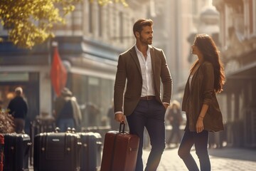 Elegante pareja caminando con maletas por una calle soleada, evocando un viaje urbano y romance