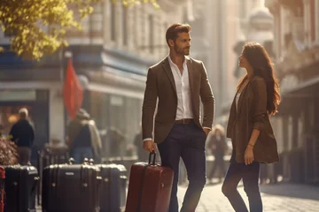 Fotobehang Elegante pareja caminando con maletas por una calle soleada, evocando un viaje urbano y romance © dmtz77