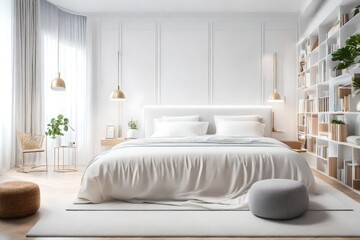With a screen, bed, bookcase, lamp, and pouf, the bedroom is white.