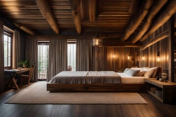 The interior of the bedroom is furnished in a rustic style, with a wooden ceiling and lamps to provide lighting.