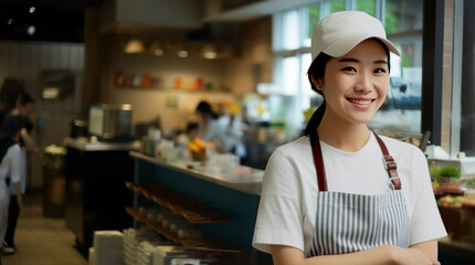 カフェで笑顔で働く女性　A young Asian woman works at a cafe with a smile. She is in uniform. Wide photo.Generative AI
