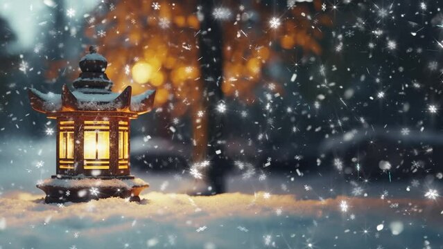 video of glowing christmas candlelight lantern decoration on snowy winter street with snow flakes falling during winter time on christmas eve (contains AI generated images)