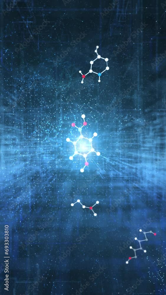 Poster artistic loop chemical bonds loop motion on vertical blue background.