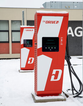Nitra, Slovakia - December, 10, 2023 : Electric vehicle charging station ZSE Drive, member of the E.ON group. Electric vehicle supply equipment (EVSE).