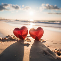 Fototapeta premium two red hearts on the sand against the background of the ocean on a sunny day