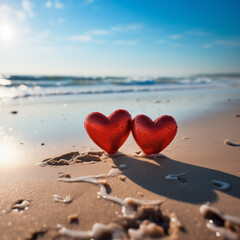 Fototapeta premium two red hearts on the sand against the background of the ocean on a sunny day