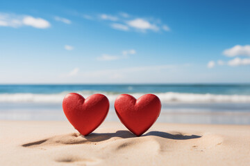 two red hearts on the sand against the background of the ocean on a sunny day