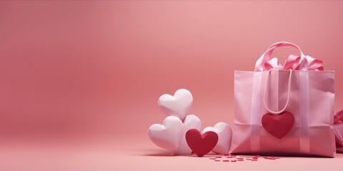 Valentine's Day gifts with shopping bag on pink backdrop