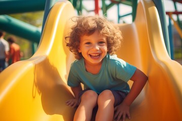 Portrait of a smiling little boy on a slide at the playground