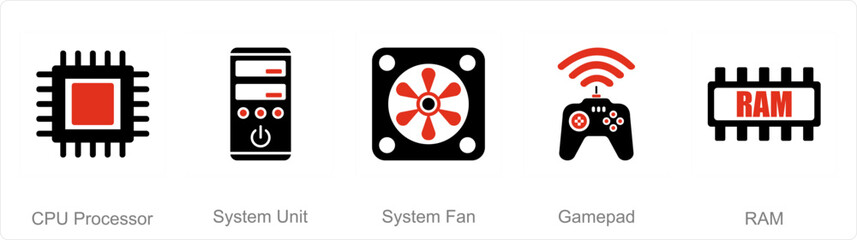 A set of 5 Computer Parts icons as cpu processor, system unit, system fan