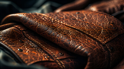 Obraz premium Close up detail of an engraved pattern on an old wooden pistol, close up detail design of trimming and leather finishing of armchair sofa classic style home interior concept,ai generate, Oriental ca