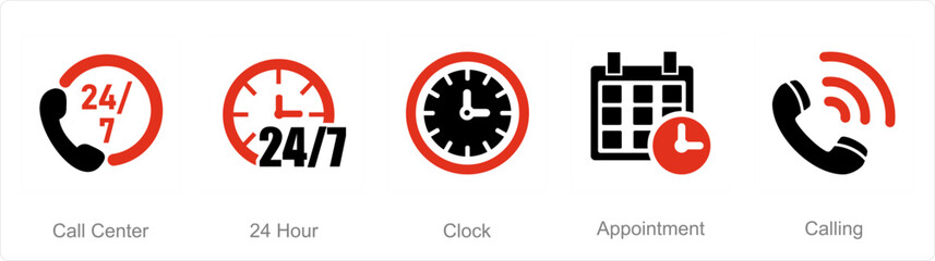 A set of 5 Contact icons as call center, 24 hour, clock