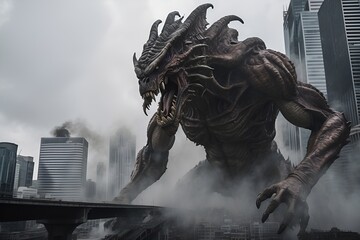 Giant monsters rampage through a city - obrazy, fototapety, plakaty